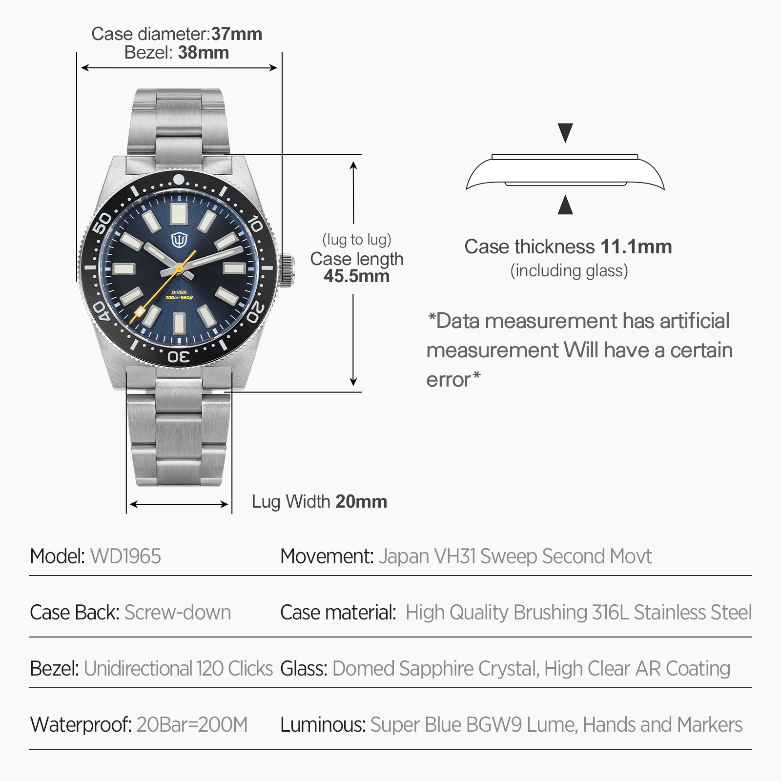 Watchdives 37Mm WD1965 V2 Man  - đánh giá và giá Luxury Watch Display